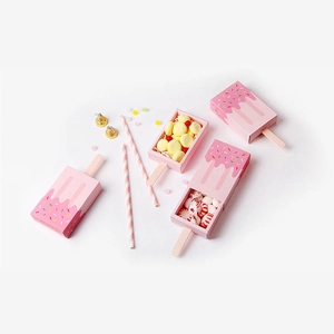 Pink popsicle-shaped paper gift boxes with a drawer-style design for candy and treats