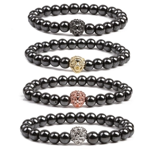 Lion Head Natural Stone Beaded Bracelet Hematite Copper Elastic Jewelry For Men And Women