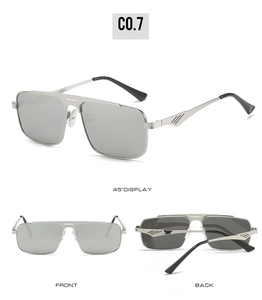 Detailansicht der quadratischen Metall-Sonnenbrille mit Doppelsteg und strukturierten Bügeln
