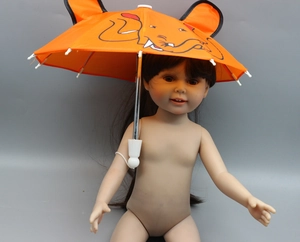 Close-up of a mini orange umbrella with a cartoon elephant design for 18-inch dolls