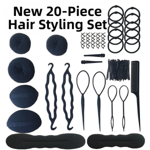 Detailed 20-piece black hair styling tool set with hair donuts and sponge bun makers