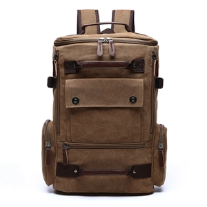 Vintage brown canvas backpack with large capacity and multi-pocket travel design