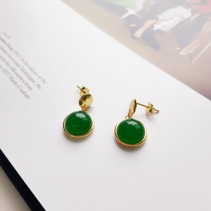 Vintage Round Green Agate Stud Earrings With 925 Sterling Silver Earring Post 18K Gold Plated Elegant Jewelry Women