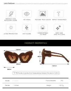 Macro view of heart-shaped plush sunglasses with leopard print arms and size dimensions