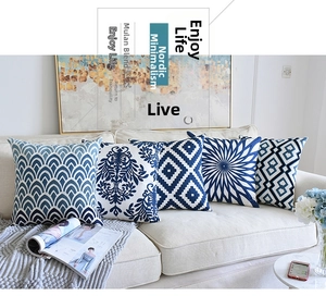 Detailed towel embroidery and blue porcelain patterns on Chinese classical sofa pillowcases
