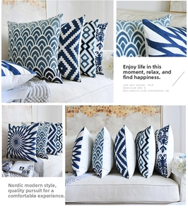 Detail of towel embroidered blue and white porcelain pattern on fabric cushion covers