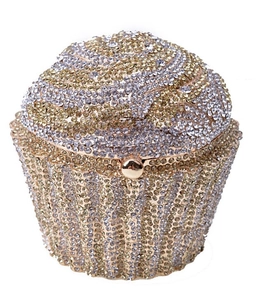 Macro shot of cupcake-shaped evening clutch bag with luxury crystal rhinestones