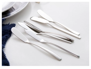 Set of 6 polished 304 stainless steel butter knives arranged on a white surface