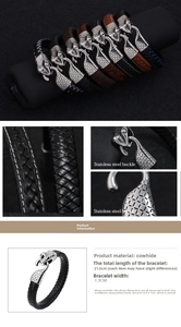 Detail of woven leather bracelet with polished stainless steel snake head buckle