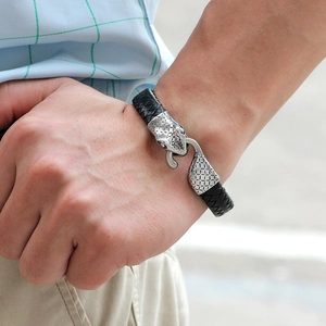 Classic men's braided black leather bracelet with silver stainless steel snake head clasp