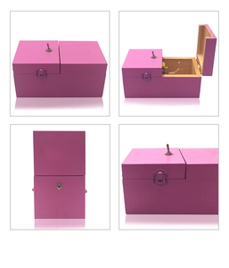 Pink wooden Useless Box with metal latch and toggle switch shown from multiple angles