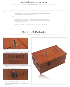 Detail of wooden Useless Box showing the copper toggle switch and vintage metal buckle