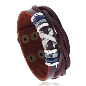 Retro Punk Men Genuine Leather Bracelet Multi Layer Braided Alloy X Ornament Adjustable Snap Button Casual Jewelry Unisex