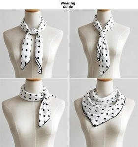 Close-up of white silk scarf with black polka dots and contrasting hem detail