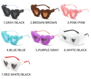 Plush heart-shaped sunglasses collection in various colors and trendy faux fur textures