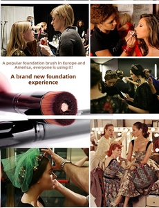 Detail of the unique concave brush head with foundation liquid in synthetic bristles