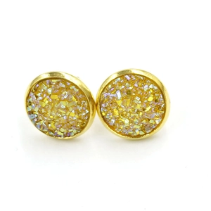Close-up of 12mm gold plated stainless steel stud earrings with glittering druzy stones