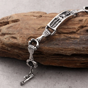 Gothic punk skull skeleton link bracelet for men in silver titanium steel on wood