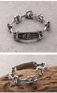 Punk style skull bone bracelet in vintage silver finish with durable toggle clasp closure