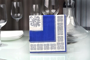 Blue and silver printed paper napkins with vintage pattern for elegant table settings