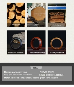 Detail view of handcrafted mahogany rings in sandalwood and ebony with size chart