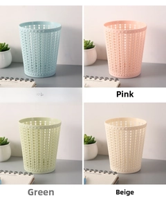 Collage of mini hollow plastic desktop trash bins in blue, pink, green, and beige colors