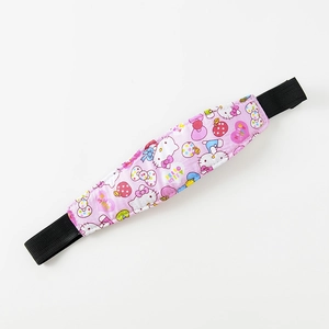 Close-up of pink Hello Kitty cartoon print infant car seat strap cover with elastic bands