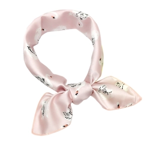 Pink satin neck scarf featuring white swan prints in a stylish bow-tied loop knot