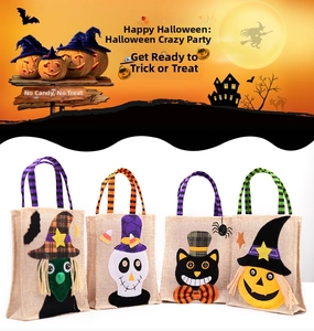 Detail of four Halloween linen gift bags featuring witch, skeleton, cat, and pumpkin motifs