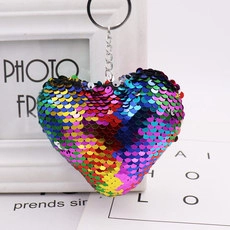 Close-up of heart-shaped keychain with colorful reversible sequins and metal ring
