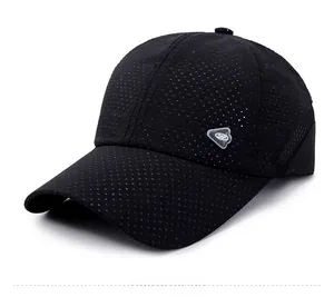 Close-up of black breathable mesh fabric and detailed side logo on sports baseball cap