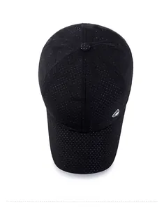Top view of a black breathable mesh baseball cap showing ventilation holes and top button