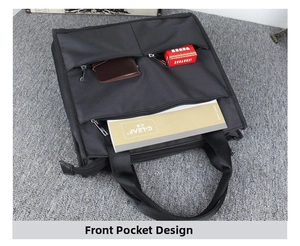 Details einer schwarzen Multifunktions-Laptoptasche mit zwei Reißverschlusstaschen