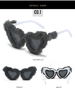 Detailed views of grey plush heart sunglasses showing front side and 45-degree angles