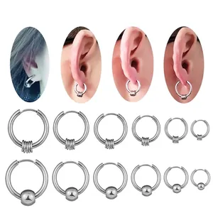 Punk Stainless Steel Hoop Earrings With Sliding Bead And Multiple Small Rings Decoration Hypoallergenic Korean Style Unisex