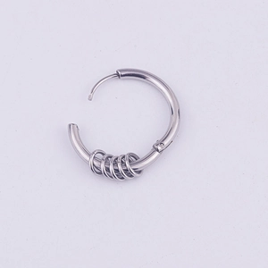 Polished silver stainless steel hoop earring with five small rings for men