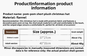 Détail du bonnet de Noël en peluche montrant les tableaux de tailles et les textures