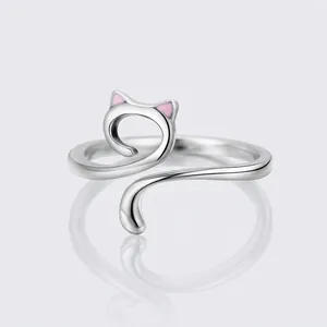 Adjustable S925 sterling silver cat ring with pink enamel ears and sleek polished finish