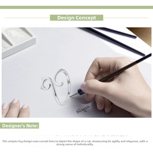 Artistic design sketch of a S925 sterling silver cat-shaped open ring for women