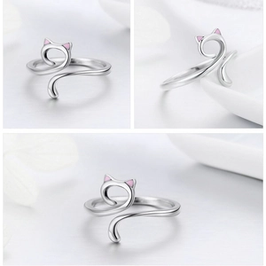 Detailed views of adjustable S925 sterling silver cat ring with pink enamel ears