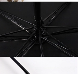 Detail of the reinforced black metal umbrella frame and wind-resistant structure
