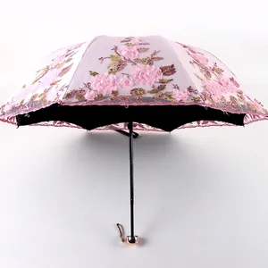 Pink lace parasol with 3D floral embroidery and UV-blocking inner black coating layer