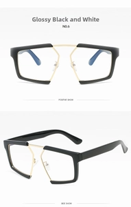 Front and side views of large-frame black geometric sunglasses with gold double bridge