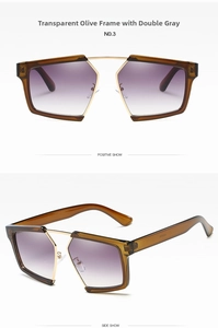 Front and side views of olive green gradient sunglasses with double gold metal bridge