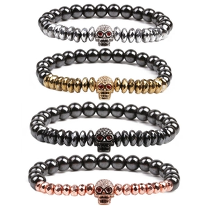 Bracelet Perles Crâne Hématite Pierre Naturelle Cuivre Micro Pavé Zircon Punk Gothique Hip Hop Bijoux Hommes