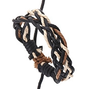 Close-up of handmade braided leather bracelet with multi-color cords and adjustable knot