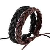 Detail of multi-strand braided leather bracelets in black and brown with adjustable cords