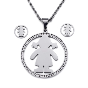 Parure de bijoux argentée 3 pièces avec collier silhouette de fille et boucles d'oreilles