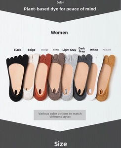 Women's invisible five-toe socks in eight solid plant-dyed colors set in flat lay