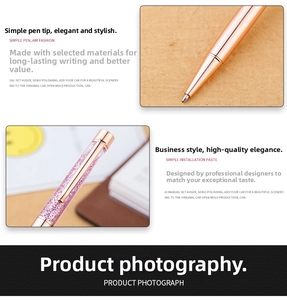 Macro shot of rose gold ballpoint pen with pink crystal filling and sleek metallic tip